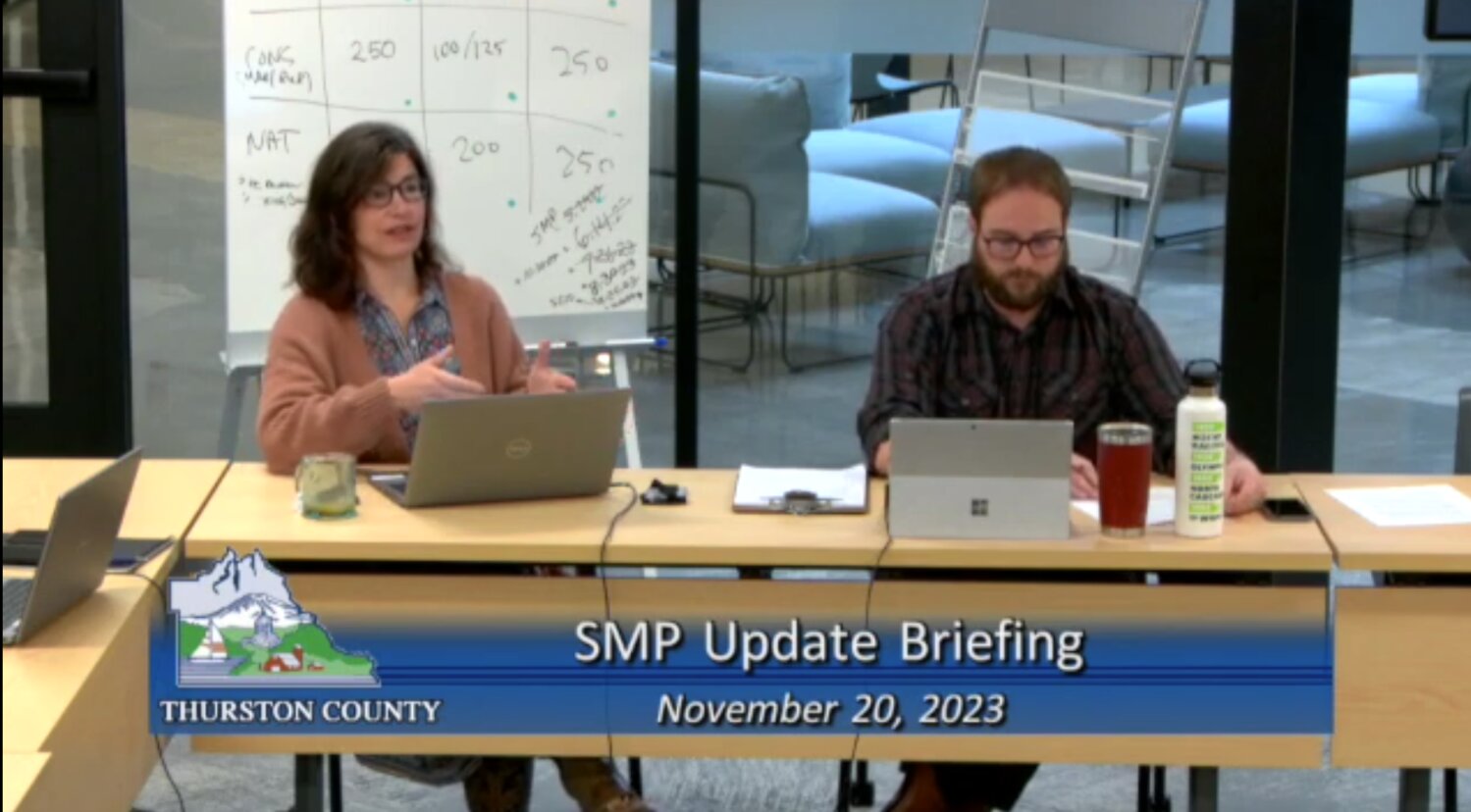 Community Planning Manager Ashley Arai (left) and Senior Planner Andrew Deffobis (right) discuss with the county commissioners whether they want to exclude 100-year floodplains in the county’s Shoreline Master Program.